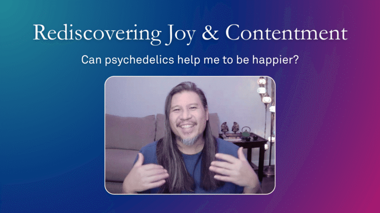 Thumbnail for a Psychedelic Passage podcast episode titled ‘Rediscovering Joy & Contentment,’ featuring Jimmy Nguyen smiling on camera with the subtitle ‘Can psychedelics help me be happier?’ and decorative lanterns in the background.