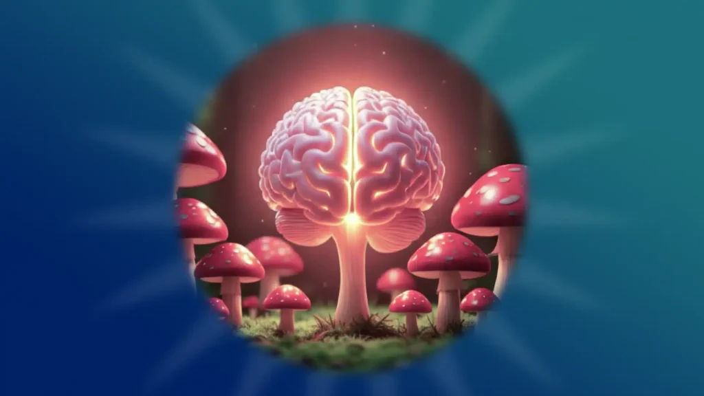 A brain surrounded by mushrooms