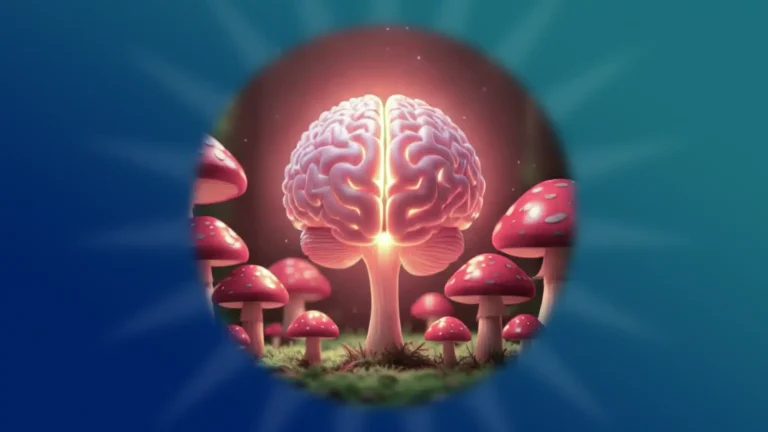 A brain surrounded by mushrooms